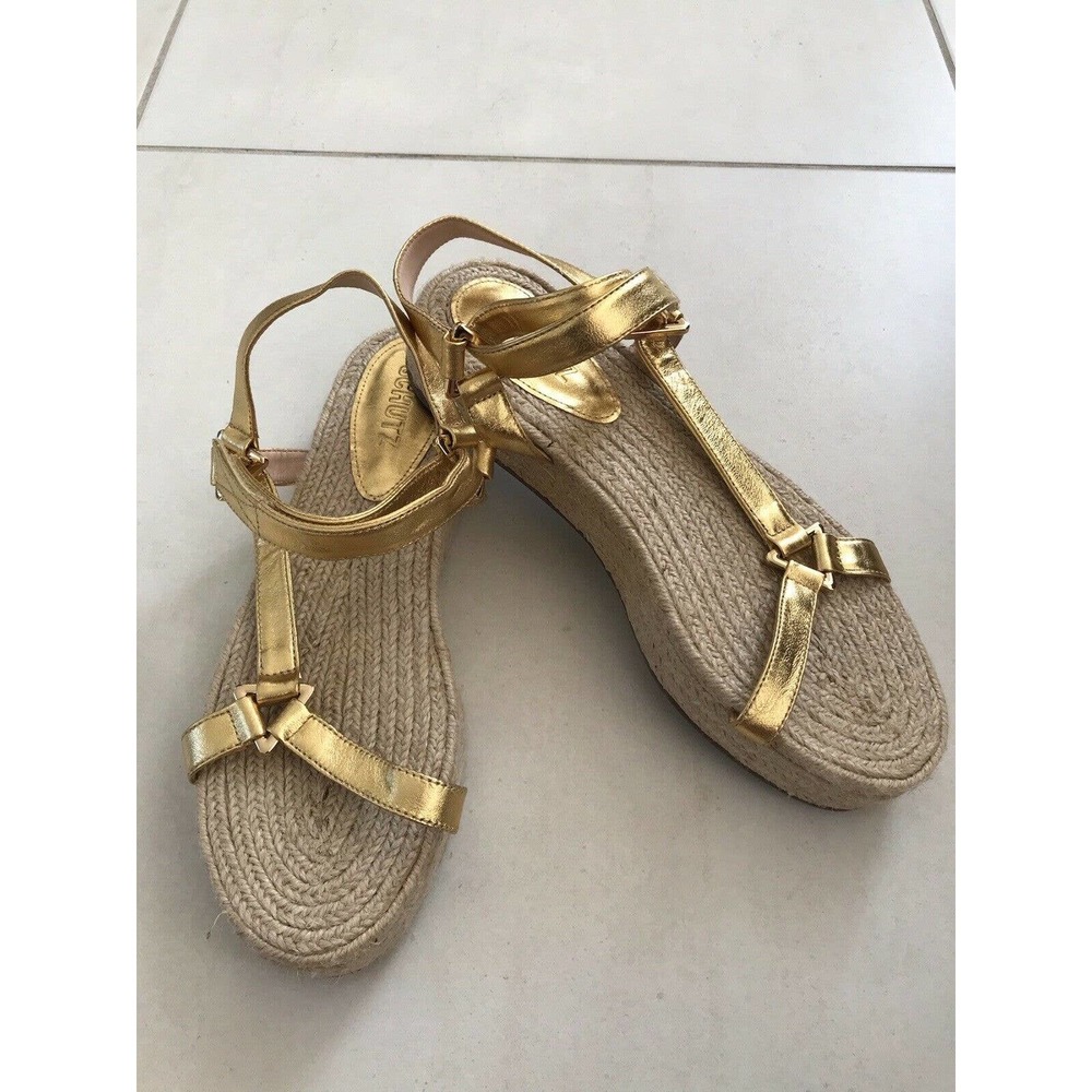 Schutz Sandalia Salto Baixo Jute Gold Metallic Platform Sandals